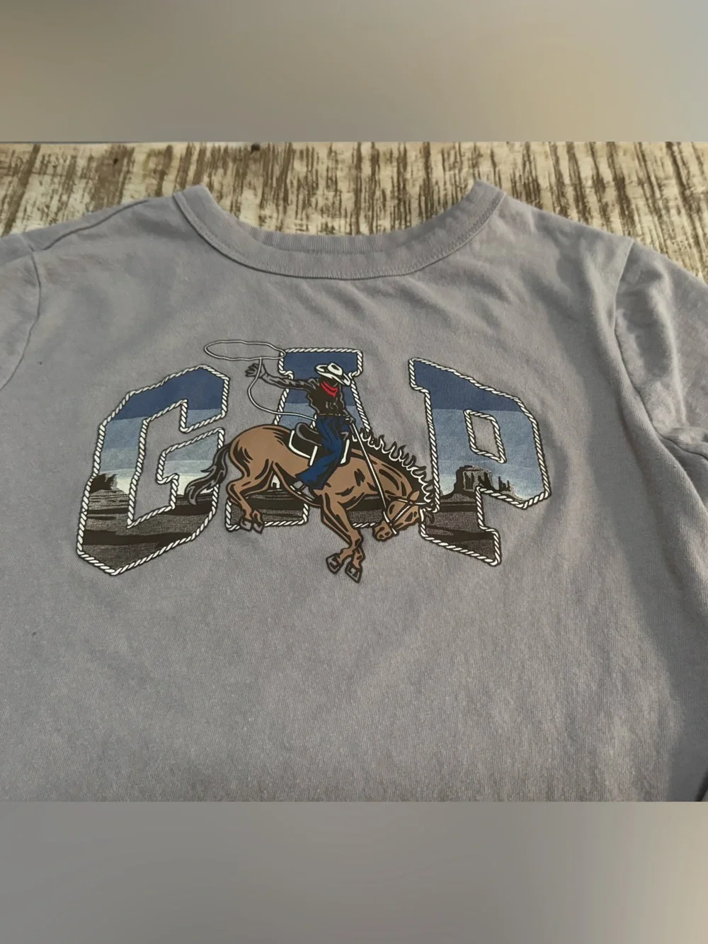 GAP Grey Long Sleeve Tee with Cowboy Rodeo Graphic. EUC